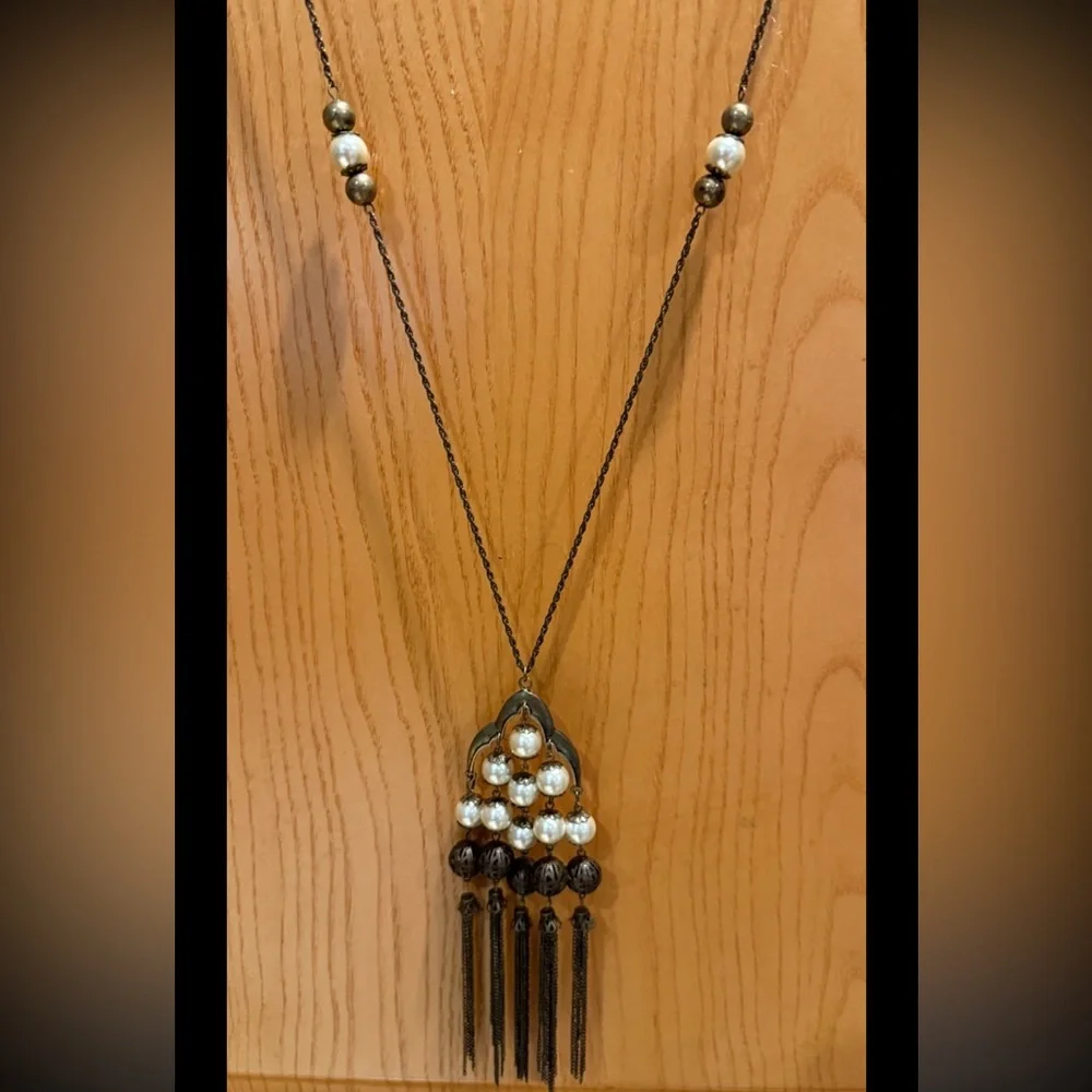 Stunning Vintage-Style Faux Pearl Chandelier 36” Necklace Brass Cable Chain
